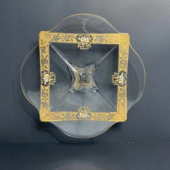 Ovington’s Alhambra Glass Cake Pedestal Platter Gold Floral Inlay Elegant Shape - Picture 2 of 14